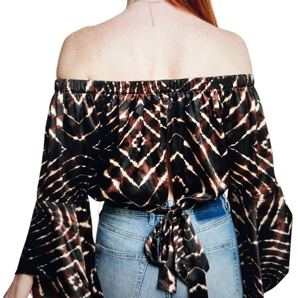 Y2K Boho Off Shoulder Stain Bell Sleeve Chocolate Brown Black Animal Print Large - Picture 1 of 11